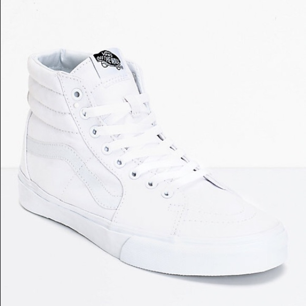 All white sk8 hi vans